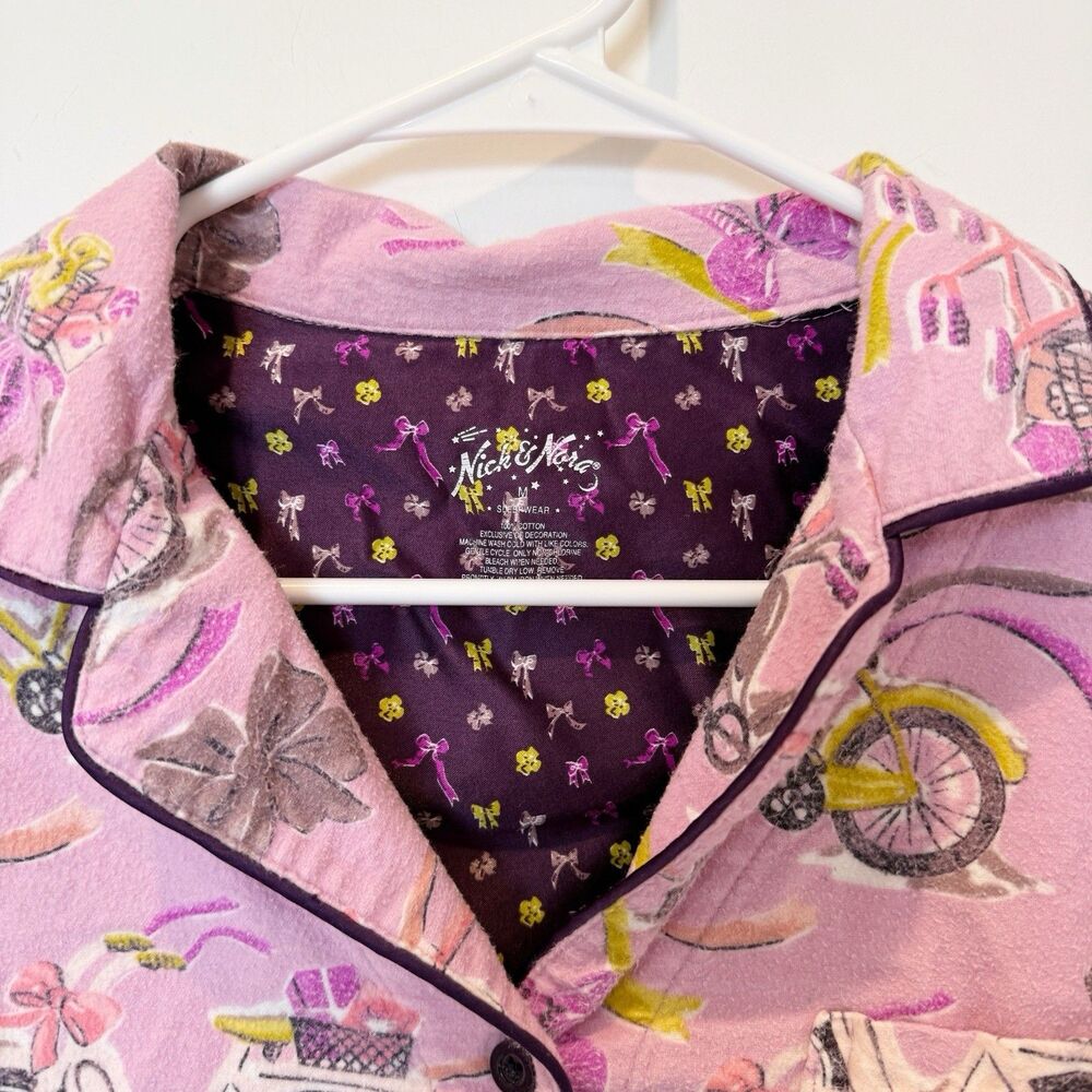 Nick & Nora Pink Bicycle Flannel Pajama Button Top Size Medium Cozy Warm Soft - Picture 3 of 6